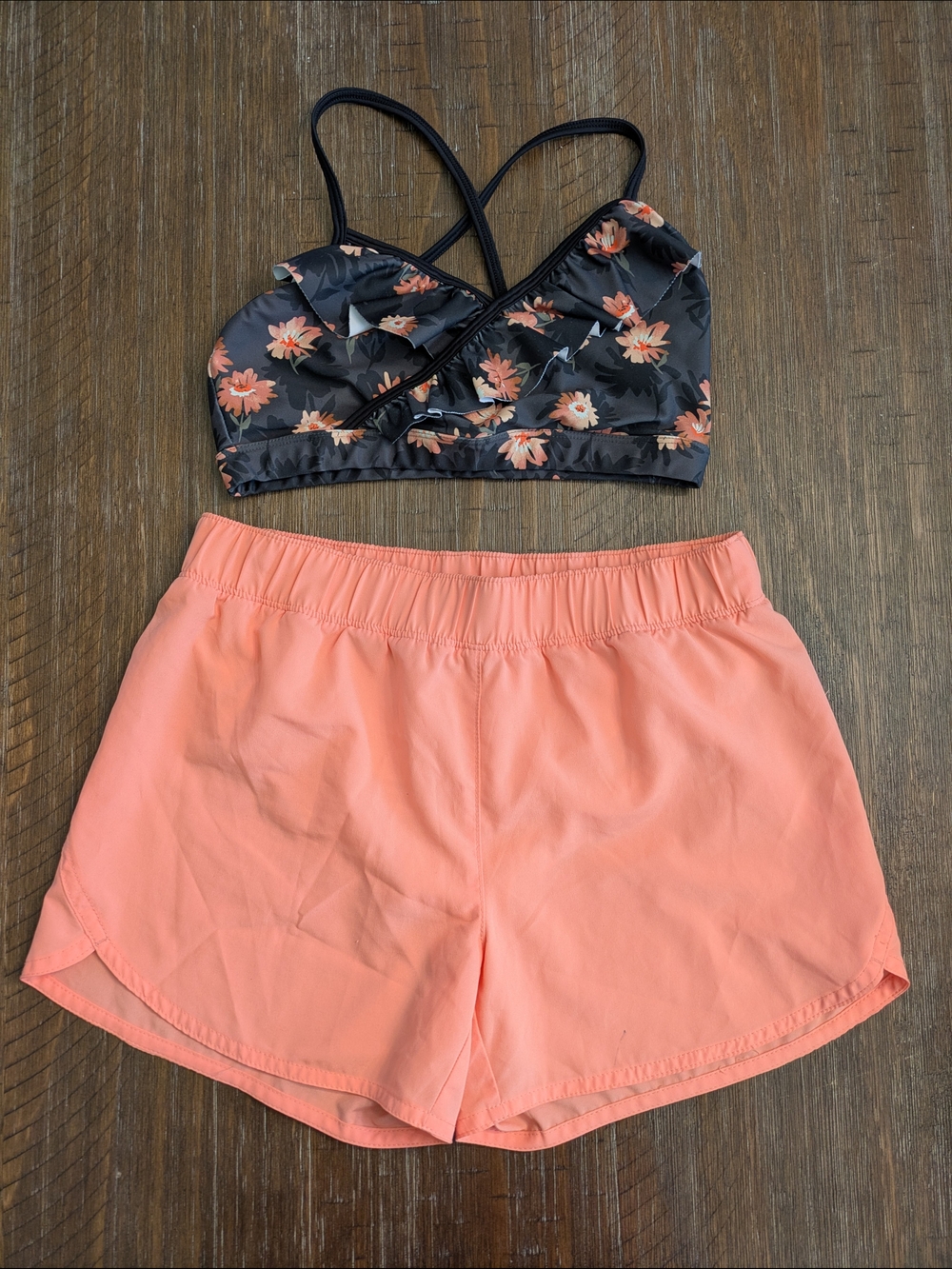 Oh La La Floral Black & Coral Top and Old Navy Coral Shorts